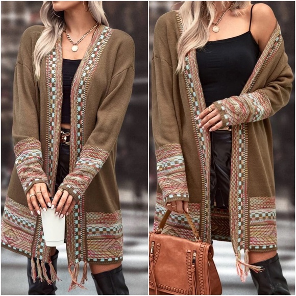 Cozy Geo Western open Front Tassel Hem Cardigan - Picture 2 of 5